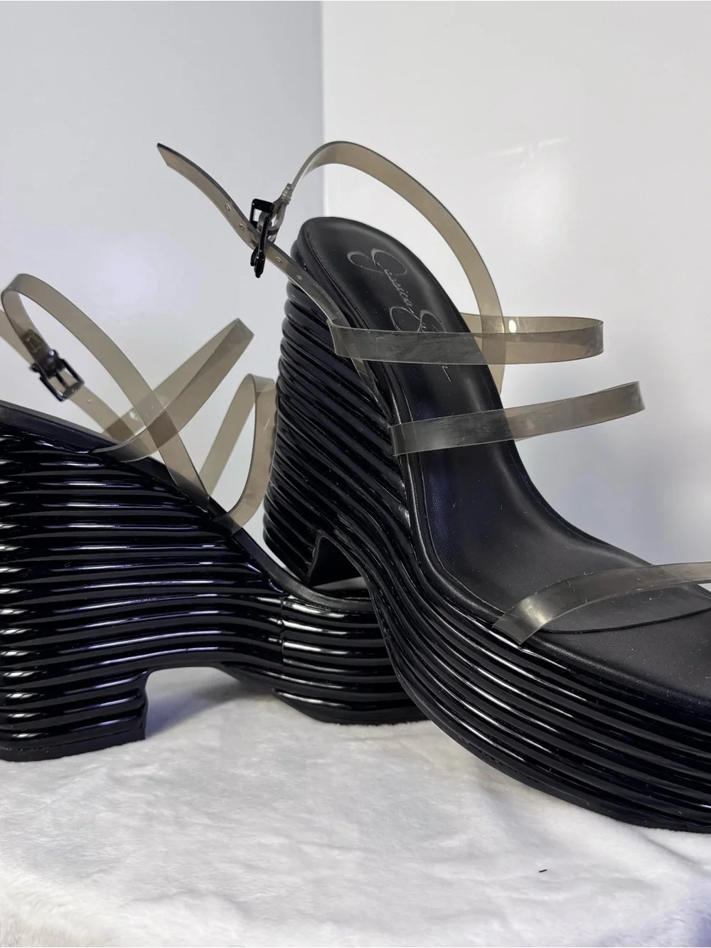 Jessica Simpson Clear Strap Platform Wedge Sandals Black 41/10 NWOB Y2K